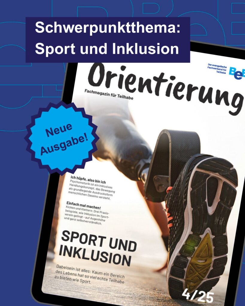 Cover von Orientierung 4/2025 auf Tablet vor BeB-Logo-Hintergrund